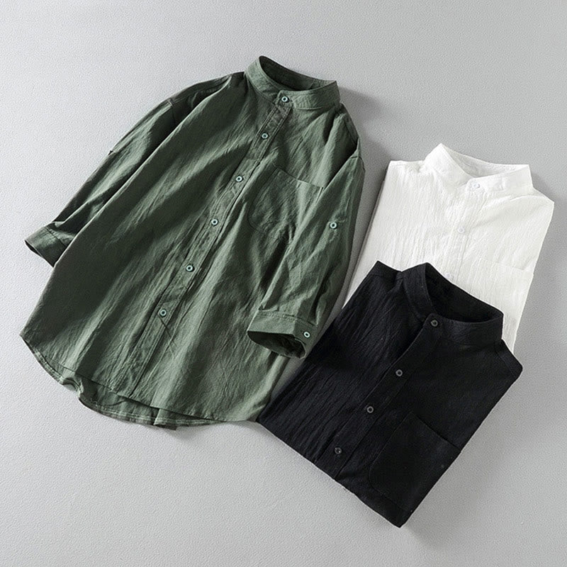 Vintage Casual Plain Single Breasted Three Quarter Sleeve Men's Cotton Linen Shirt With Pocket