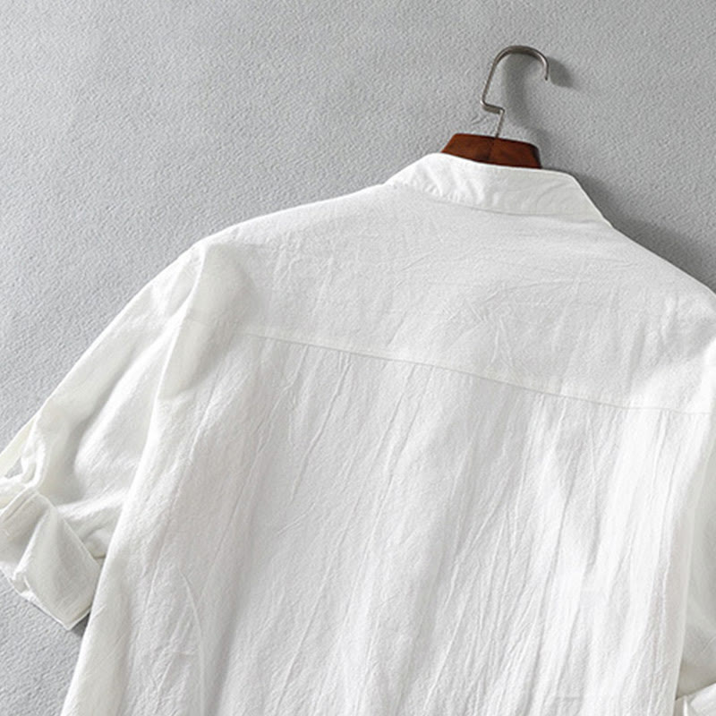 Vintage Casual Plain Single Breasted Three Quarter Sleeve Men's Cotton Linen Shirt With Pocket