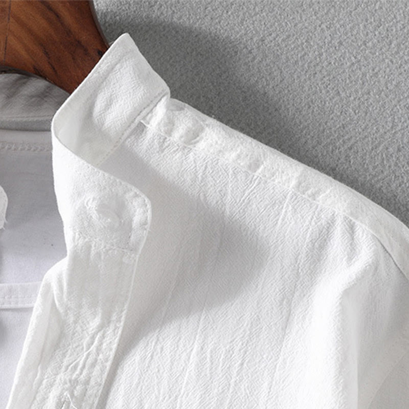 Vintage Casual Plain Single Breasted Three Quarter Sleeve Men's Cotton Linen Shirt With Pocket