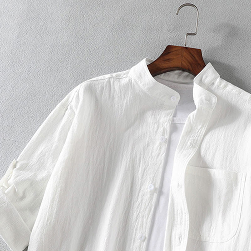 Vintage Casual Plain Single Breasted Three Quarter Sleeve Men's Cotton Linen Shirt With Pocket
