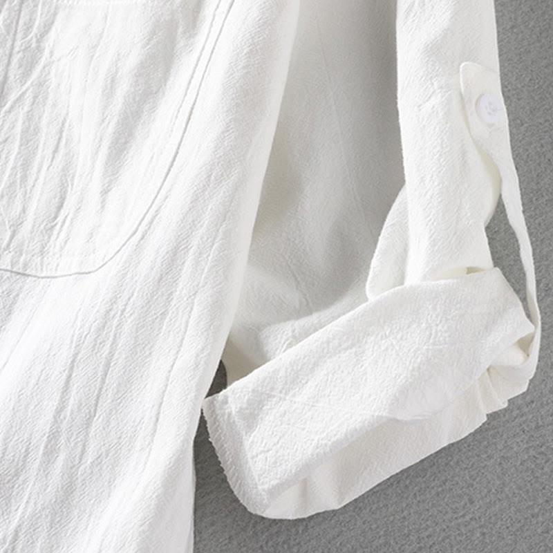 Vintage Casual Plain Single Breasted Three Quarter Sleeve Men's Cotton Linen Shirt With Pocket