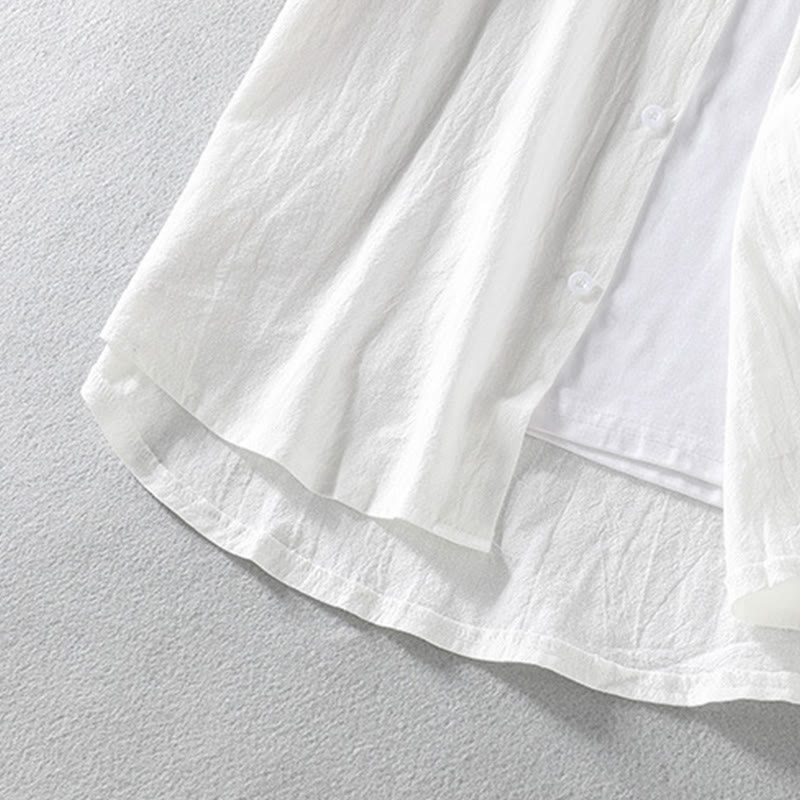 Vintage Casual Plain Single Breasted Three Quarter Sleeve Men's Cotton Linen Shirt With Pocket