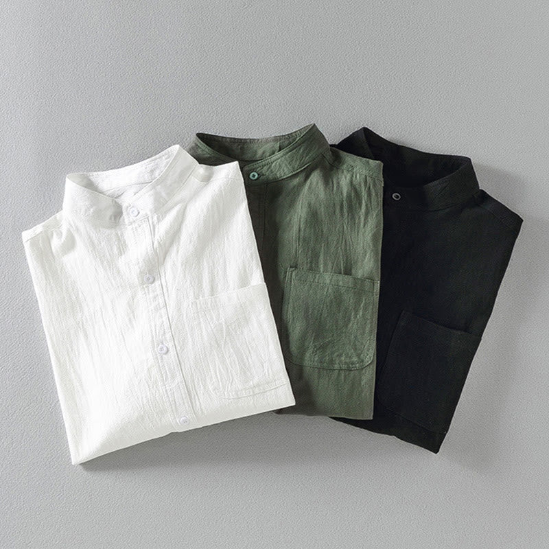 Vintage Casual Plain Single Breasted Three Quarter Sleeve Men's Cotton Linen Shirt With Pocket
