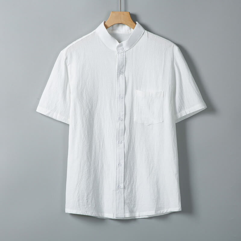Daily Printing Solid Color Single Breasted Men's Short Sleeve Cotton Linen Shirt WIth Pockets