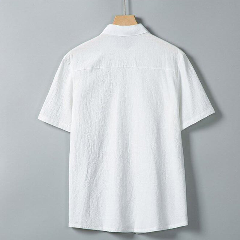 Daily Printing Solid Color Single Breasted Men's Short Sleeve Cotton Linen Shirt WIth Pockets