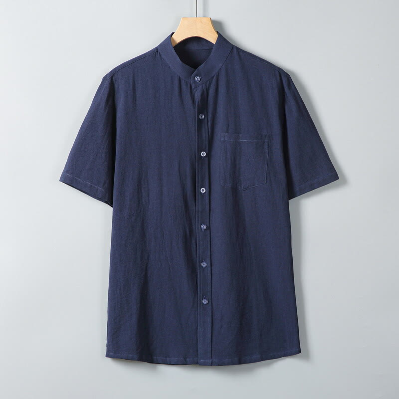 Daily Printing Solid Color Single Breasted Men's Short Sleeve Cotton Linen Shirt WIth Pockets