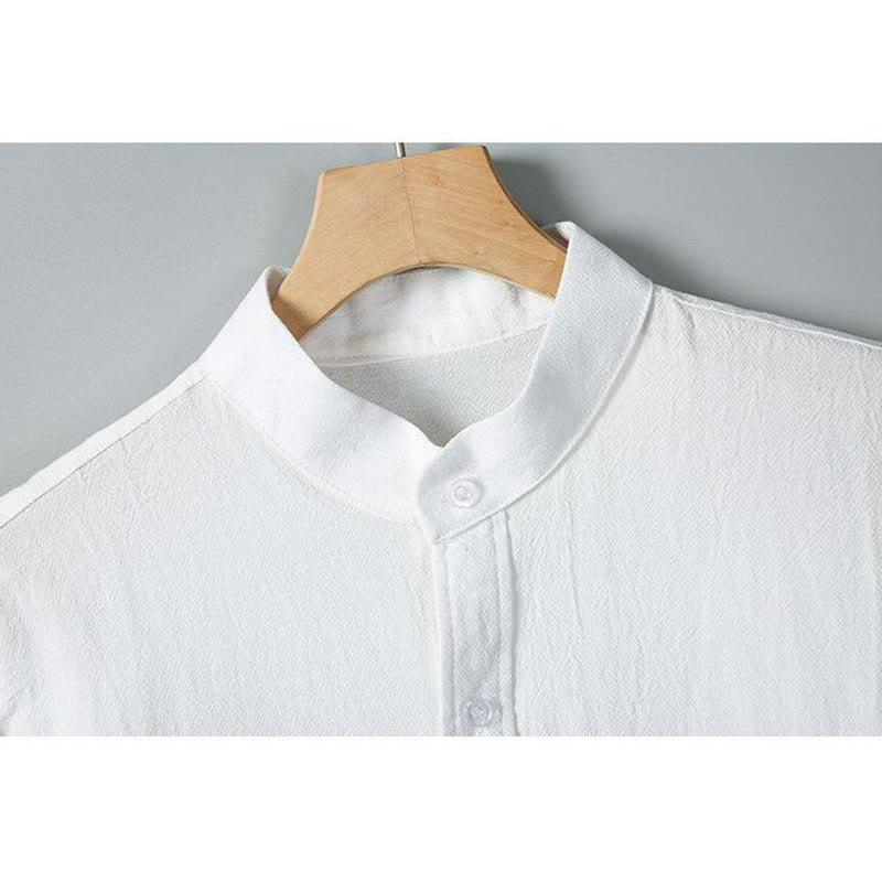Daily Printing Solid Color Single Breasted Men's Short Sleeve Cotton Linen Shirt WIth Pockets