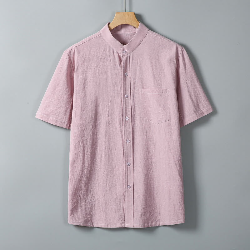 Daily Printing Solid Color Single Breasted Men's Short Sleeve Cotton Linen Shirt WIth Pockets