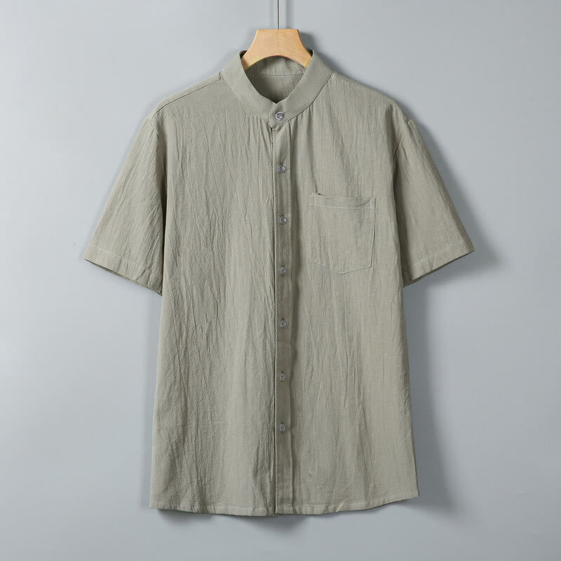 Daily Printing Solid Color Single Breasted Men's Short Sleeve Cotton Linen Shirt WIth Pockets