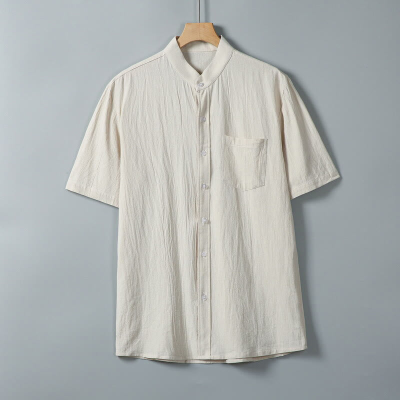 Daily Printing Solid Color Single Breasted Men's Short Sleeve Cotton Linen Shirt WIth Pockets