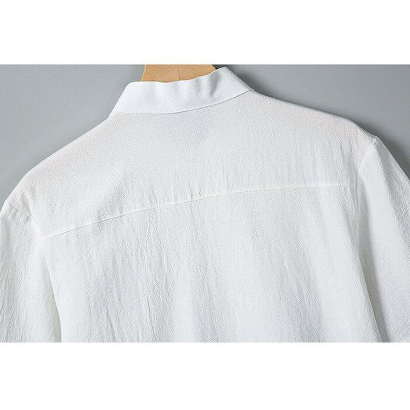 Daily Printing Solid Color Single Breasted Men's Short Sleeve Cotton Linen Shirt WIth Pockets