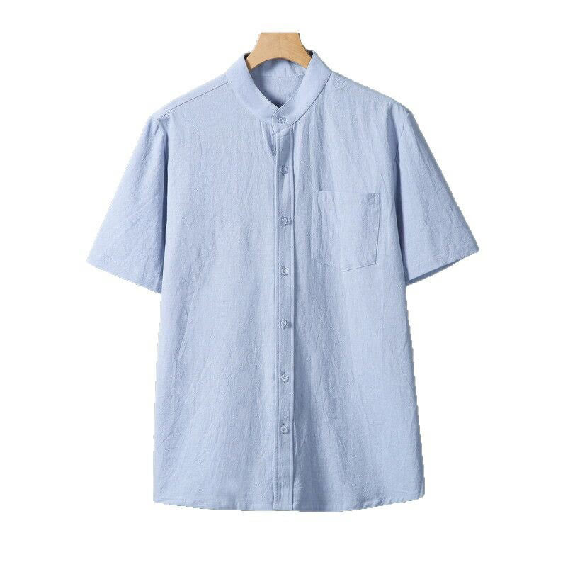 Daily Printing Solid Color Single Breasted Men's Short Sleeve Cotton Linen Shirt WIth Pockets