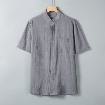 Daily Printing Solid Color Single Breasted Men's Short Sleeve Cotton Linen Shirt WIth Pockets