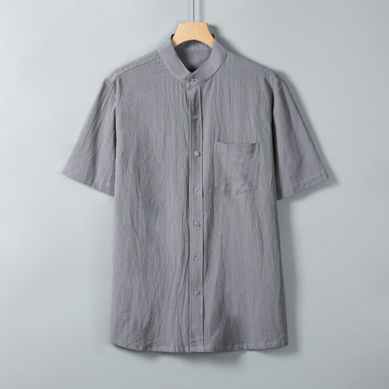 Daily Printing Solid Color Single Breasted Men's Short Sleeve Cotton Linen Shirt WIth Pockets