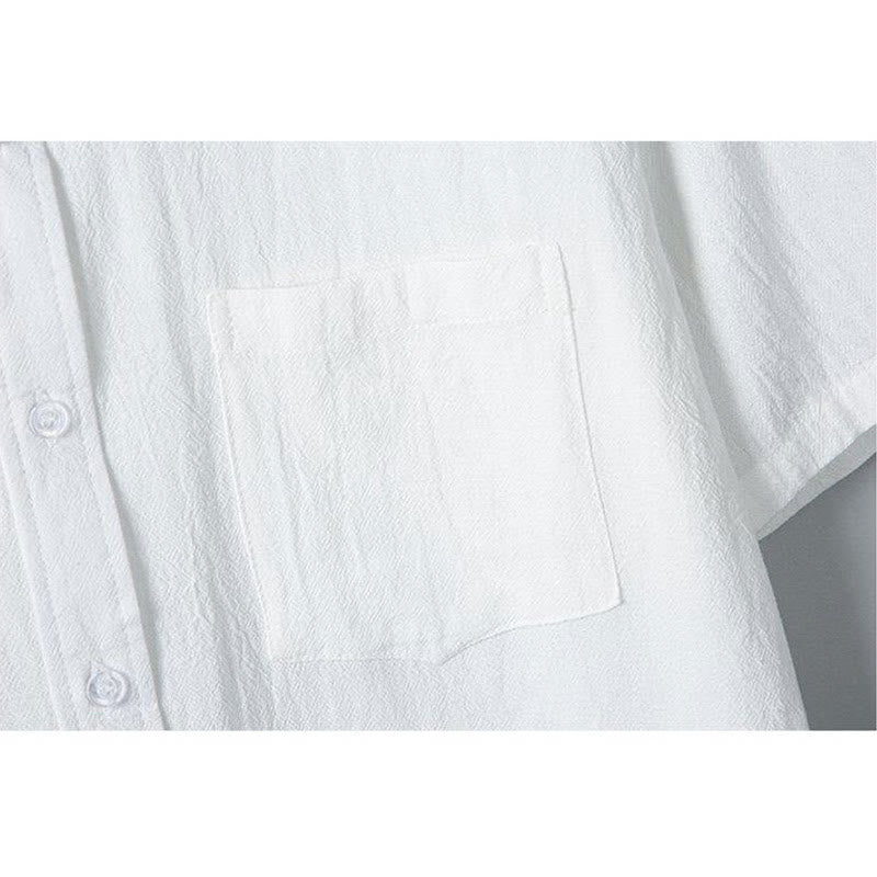 Daily Printing Solid Color Single Breasted Men's Short Sleeve Cotton Linen Shirt WIth Pockets