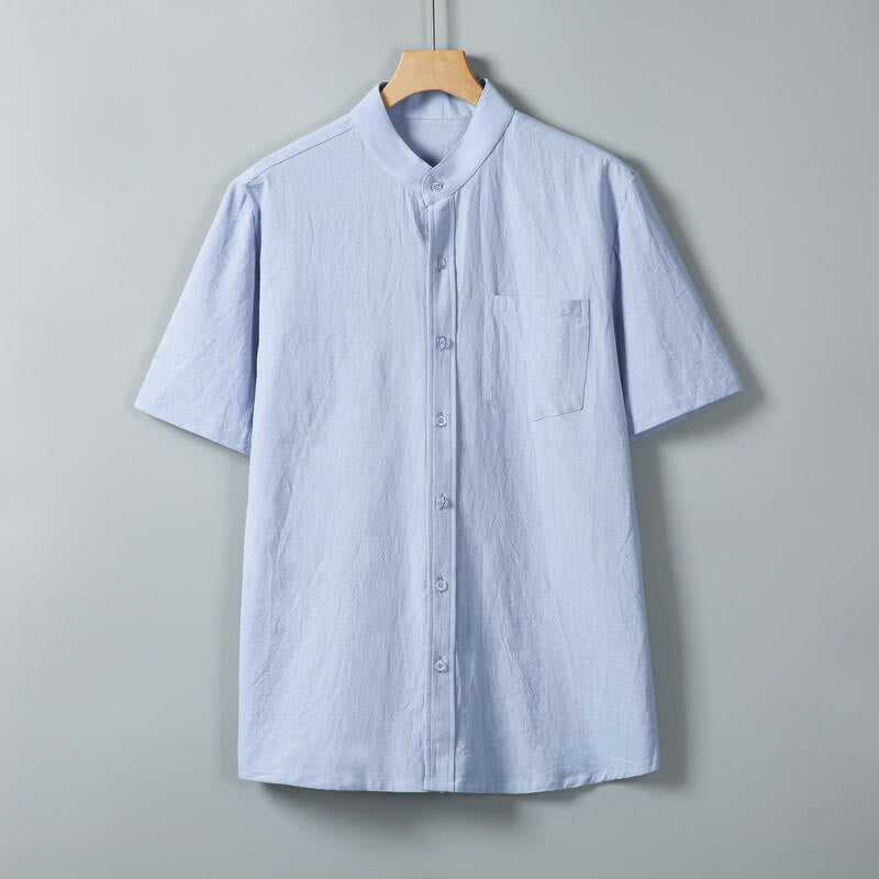 Daily Printing Solid Color Single Breasted Men's Short Sleeve Cotton Linen Shirt WIth Pockets