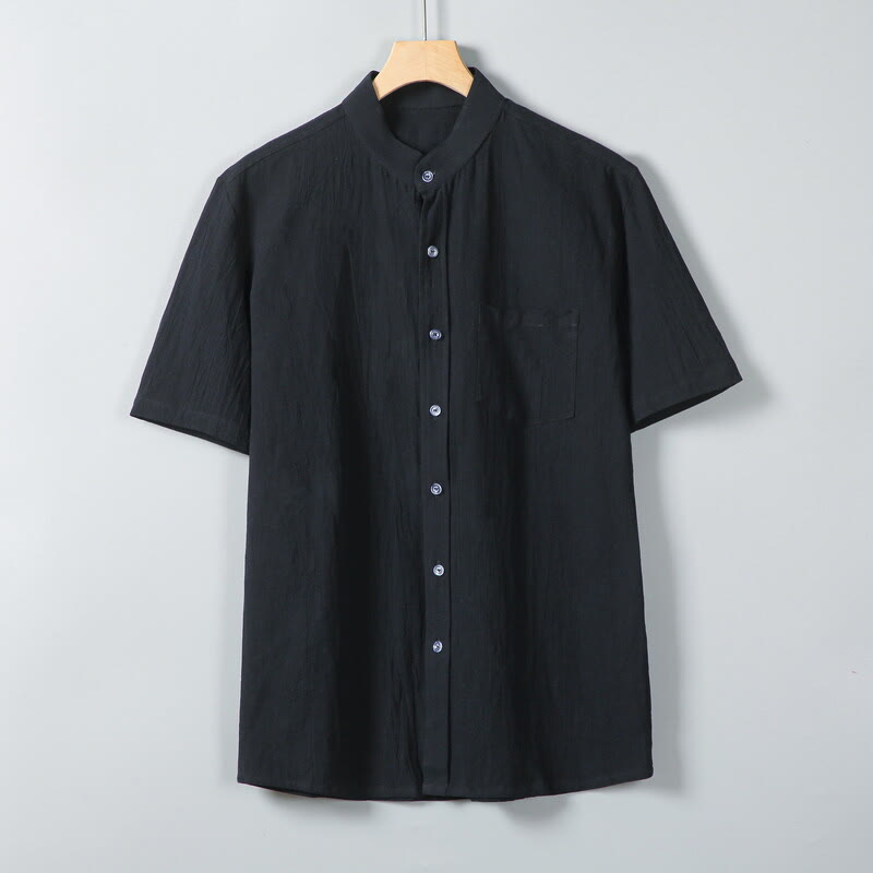 Daily Printing Solid Color Single Breasted Men's Short Sleeve Cotton Linen Shirt WIth Pockets
