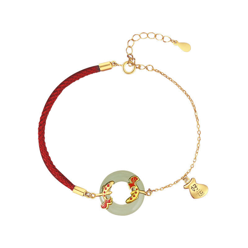 999 Sterling Silver Hetian White Jade Double Koi Fish Peace Buckle Lucky Charm Wealth Bracelet