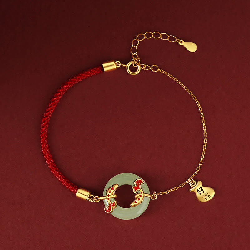 999 Sterling Silver Hetian White Jade Double Koi Fish Peace Buckle Lucky Charm Wealth Bracelet
