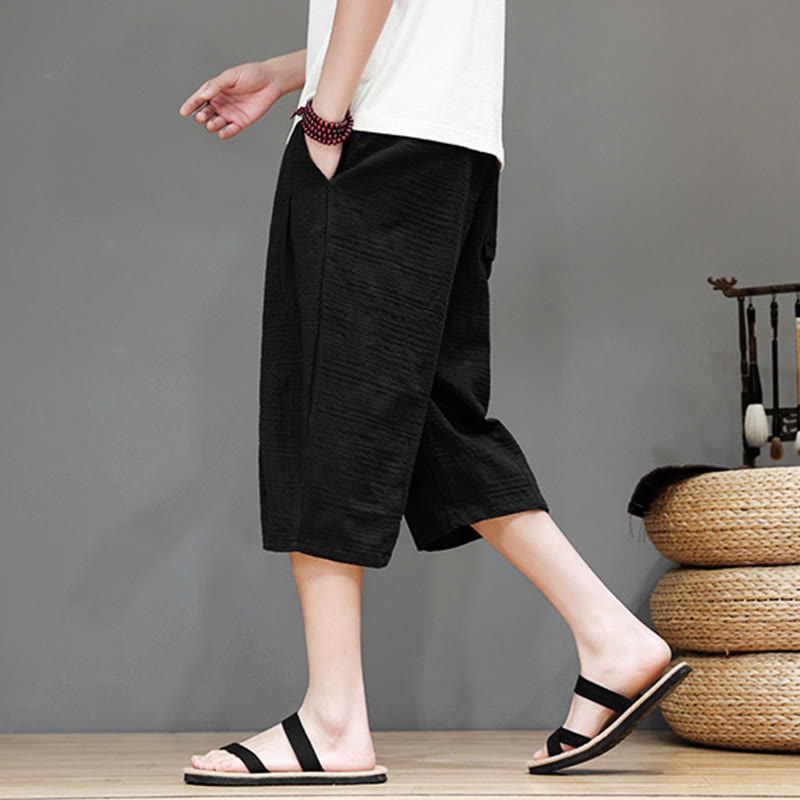 Vintage Jacquard Solid Color Drawstring Cropped Cotton Linen Men's Harem Pants With Pockets