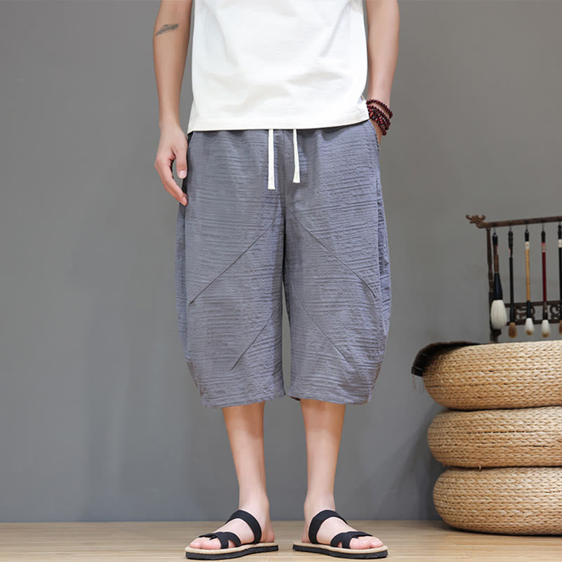 Vintage Jacquard Solid Color Drawstring Cropped Cotton Linen Men's Harem Pants With Pockets