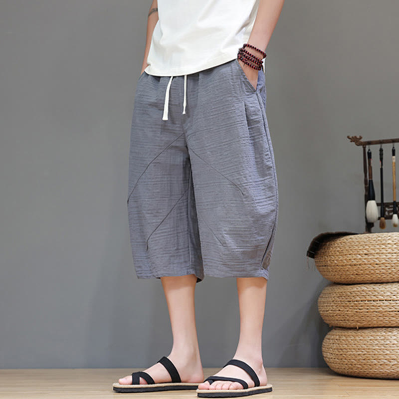Vintage Jacquard Solid Color Drawstring Cropped Cotton Linen Men's Harem Pants With Pockets