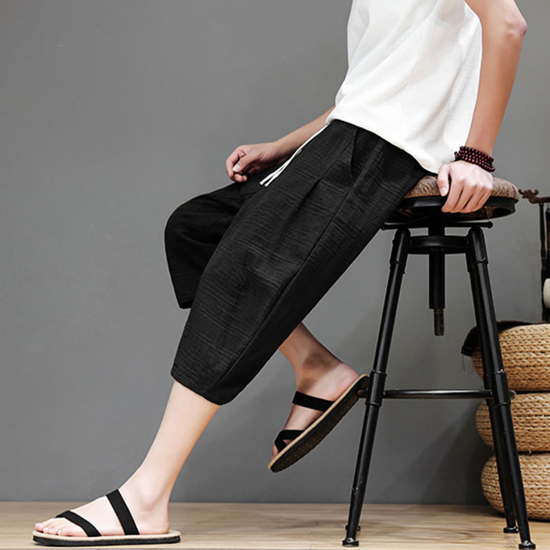 Vintage Jacquard Solid Color Drawstring Cropped Cotton Linen Men's Harem Pants With Pockets