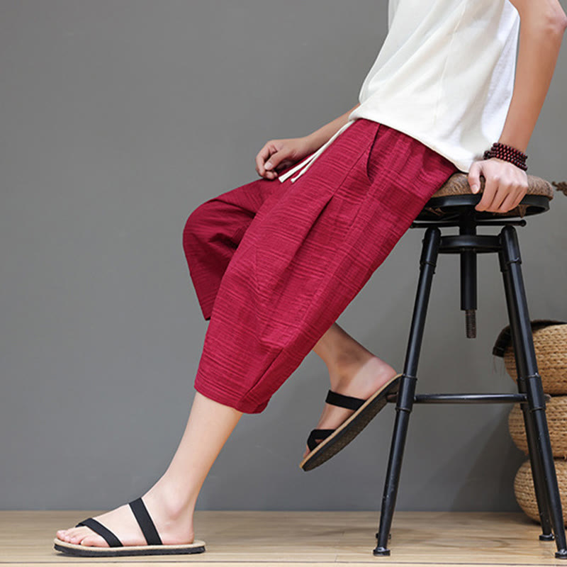Vintage Jacquard Solid Color Drawstring Cropped Cotton Linen Men's Harem Pants With Pockets