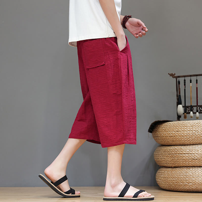 Vintage Jacquard Solid Color Drawstring Cropped Cotton Linen Men's Harem Pants With Pockets