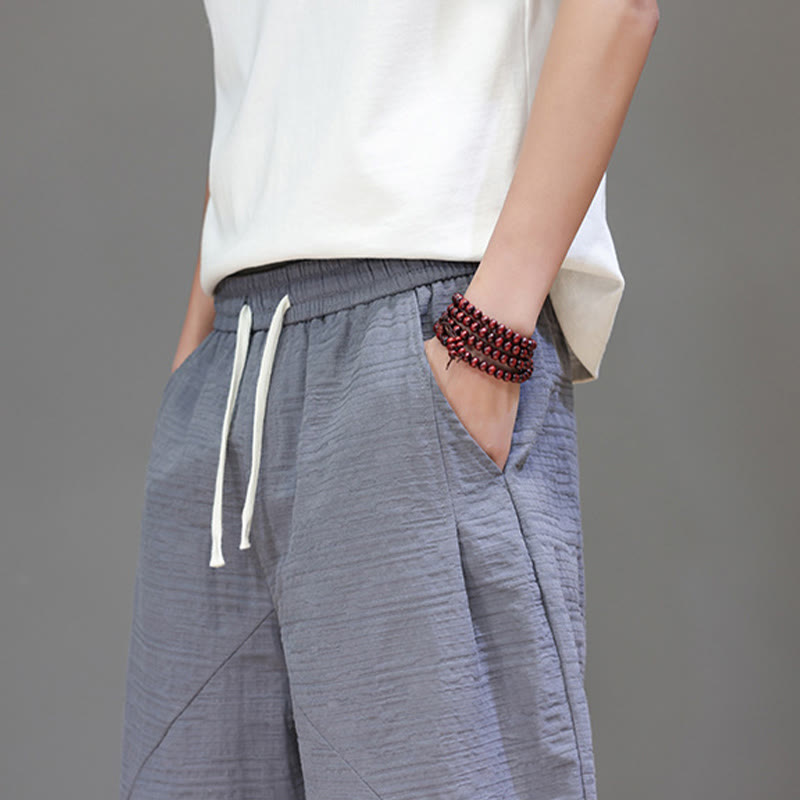 Vintage Jacquard Solid Color Drawstring Cropped Cotton Linen Men's Harem Pants With Pockets
