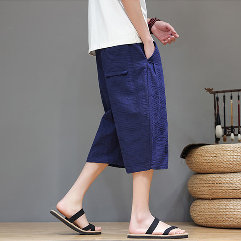 Vintage Jacquard Solid Color Drawstring Cropped Cotton Linen Men's Harem Pants With Pockets