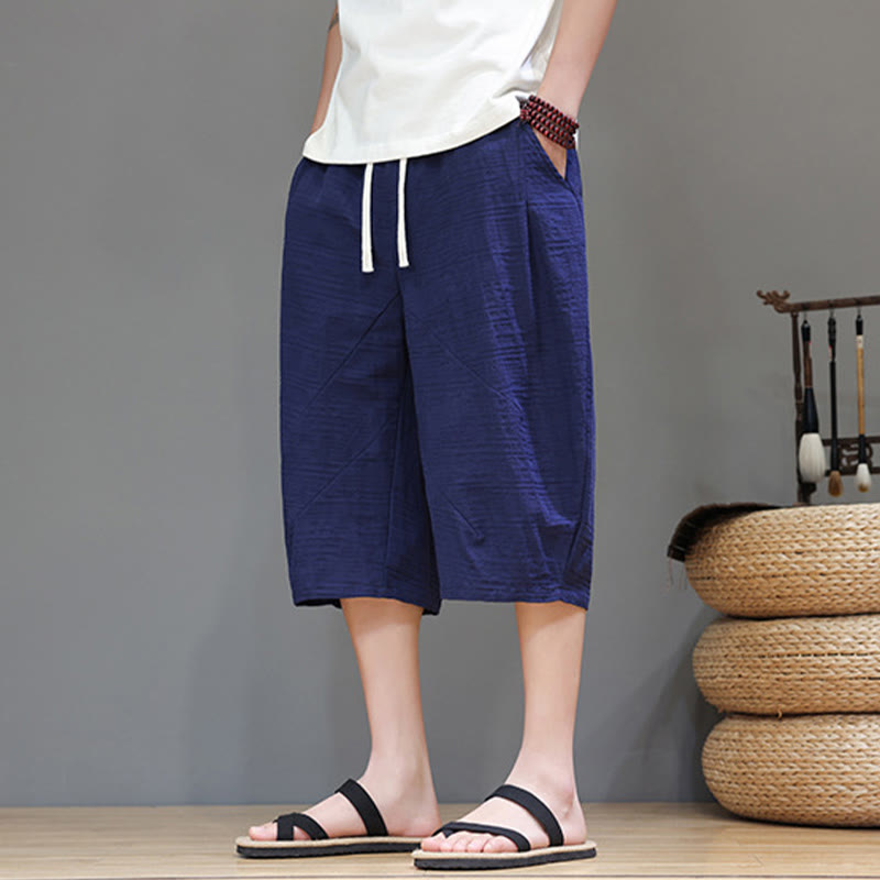 Vintage Jacquard Solid Color Drawstring Cropped Cotton Linen Men's Harem Pants With Pockets
