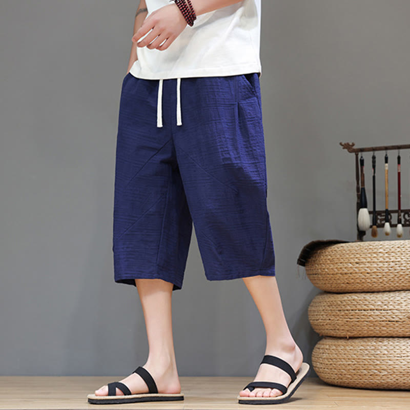 Vintage Jacquard Solid Color Drawstring Cropped Cotton Linen Men's Harem Pants With Pockets