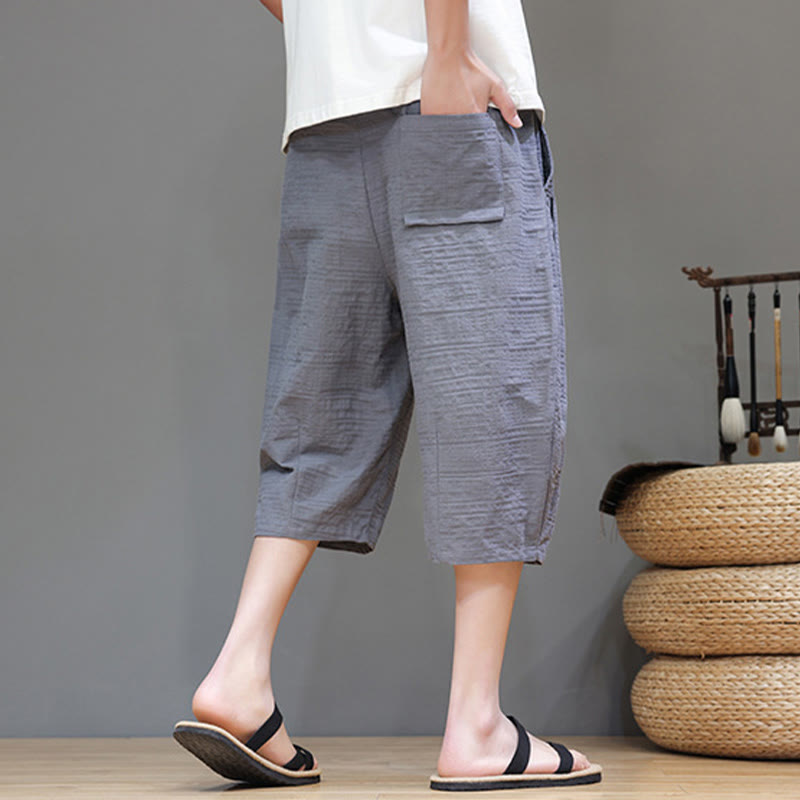 Vintage Jacquard Solid Color Drawstring Cropped Cotton Linen Men's Harem Pants With Pockets