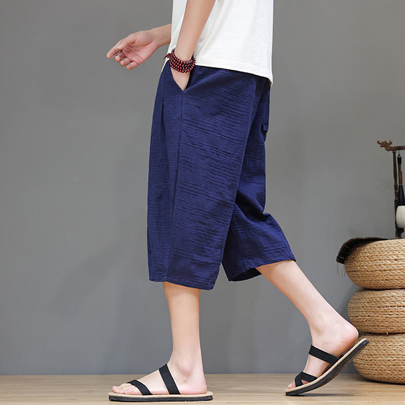 Vintage Jacquard Solid Color Drawstring Cropped Cotton Linen Men's Harem Pants With Pockets