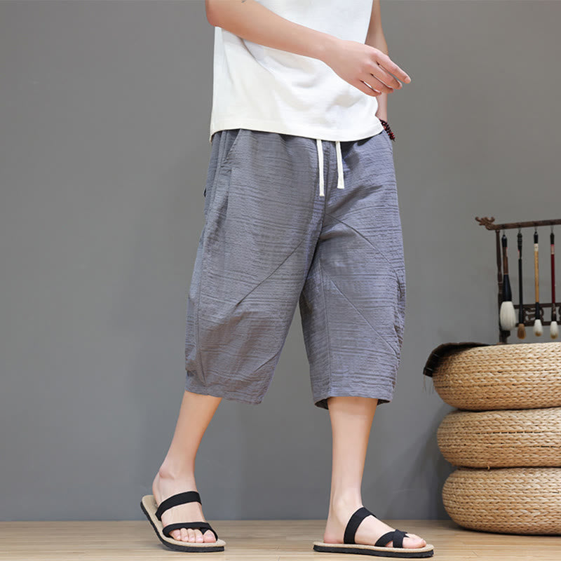 Vintage Jacquard Solid Color Drawstring Cropped Cotton Linen Men's Harem Pants With Pockets