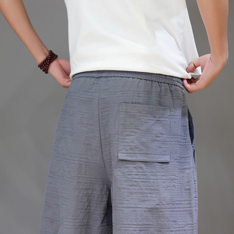 Vintage Jacquard Solid Color Drawstring Cropped Cotton Linen Men's Harem Pants With Pockets