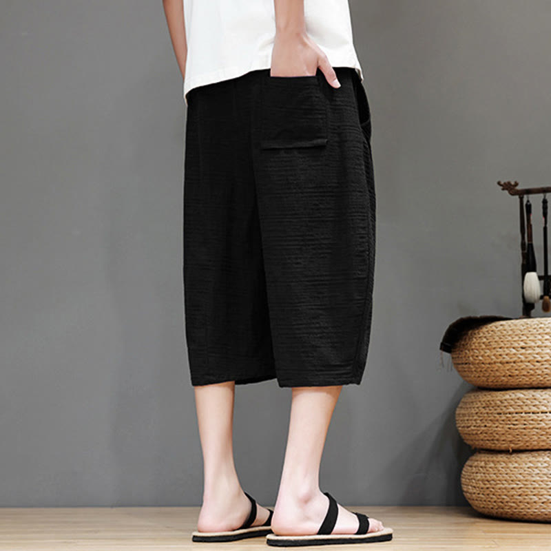 Vintage Jacquard Solid Color Drawstring Cropped Cotton Linen Men's Harem Pants With Pockets