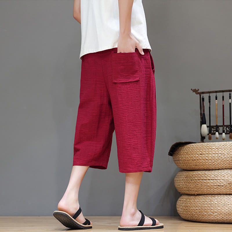 Vintage Jacquard Solid Color Drawstring Cropped Cotton Linen Men's Harem Pants With Pockets