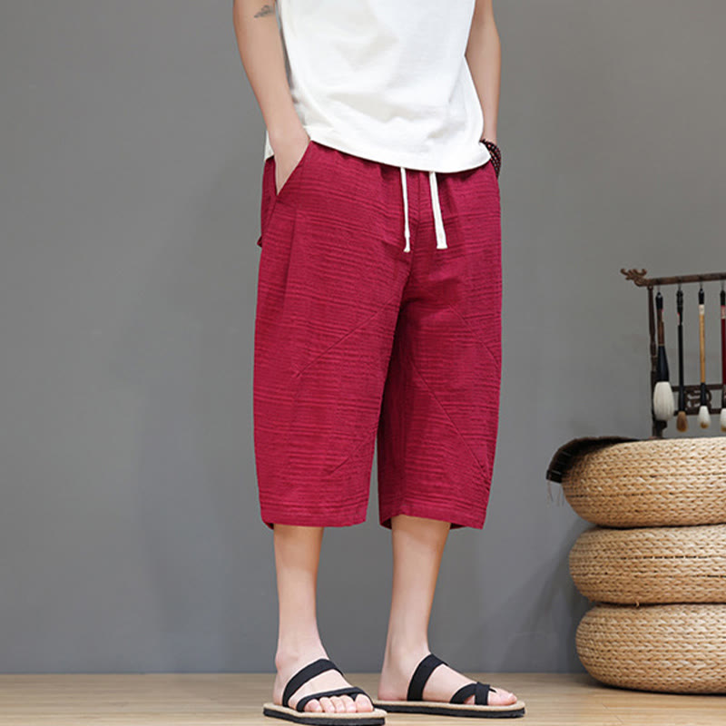 Vintage Jacquard Solid Color Drawstring Cropped Cotton Linen Men's Harem Pants With Pockets