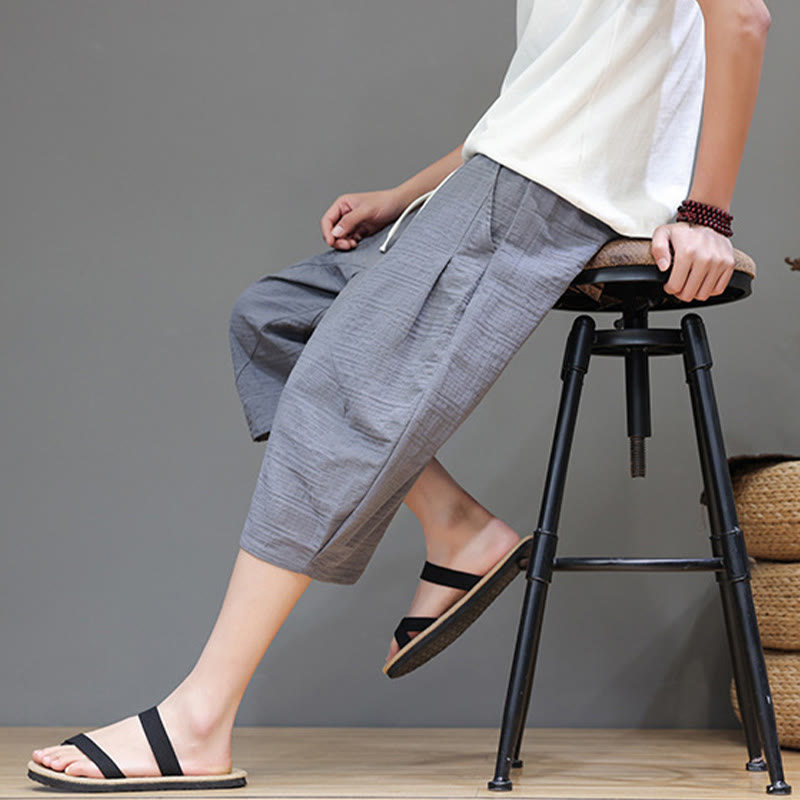 Vintage Jacquard Solid Color Drawstring Cropped Cotton Linen Men's Harem Pants With Pockets