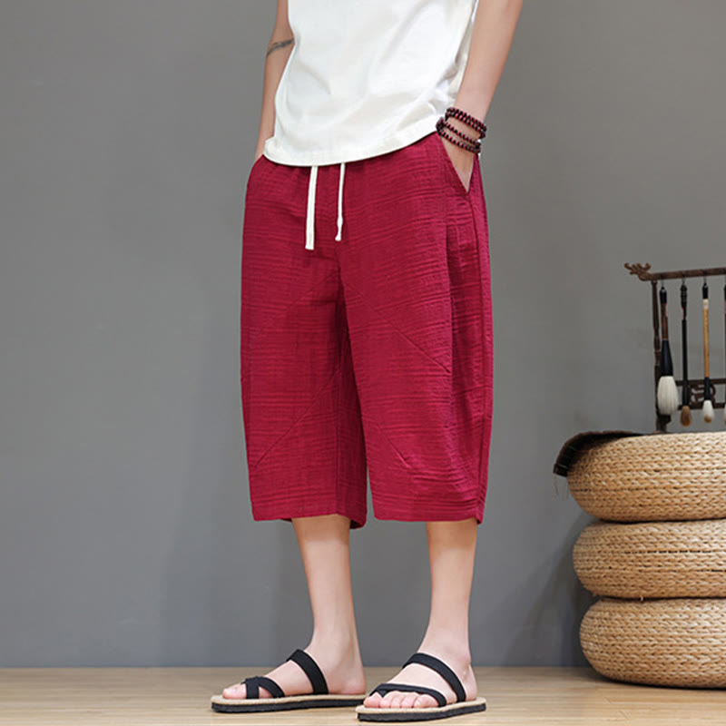 Vintage Jacquard Solid Color Drawstring Cropped Cotton Linen Men's Harem Pants With Pockets