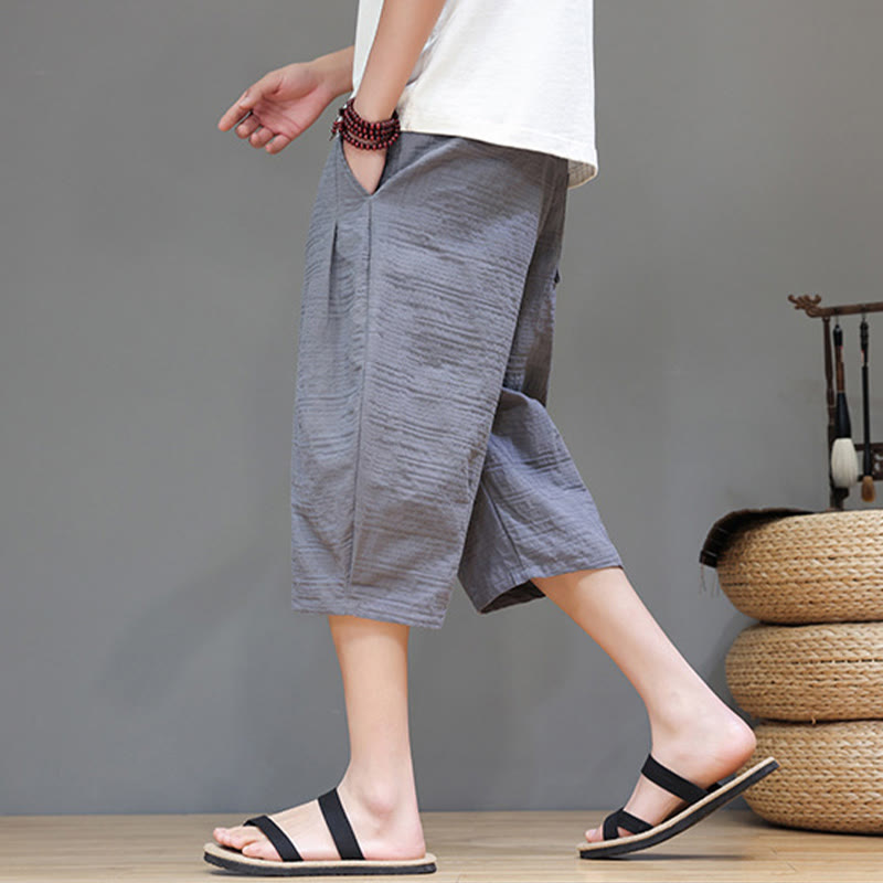 Vintage Jacquard Solid Color Drawstring Cropped Cotton Linen Men's Harem Pants With Pockets