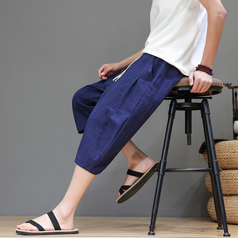 Vintage Jacquard Solid Color Drawstring Cropped Cotton Linen Men's Harem Pants With Pockets