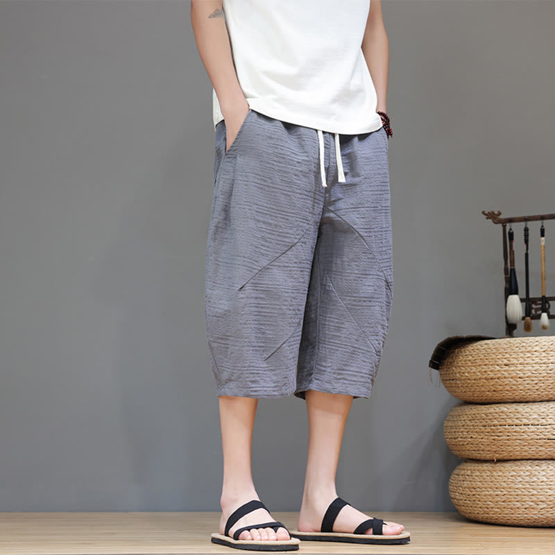 Vintage Jacquard Solid Color Drawstring Cropped Cotton Linen Men's Harem Pants With Pockets