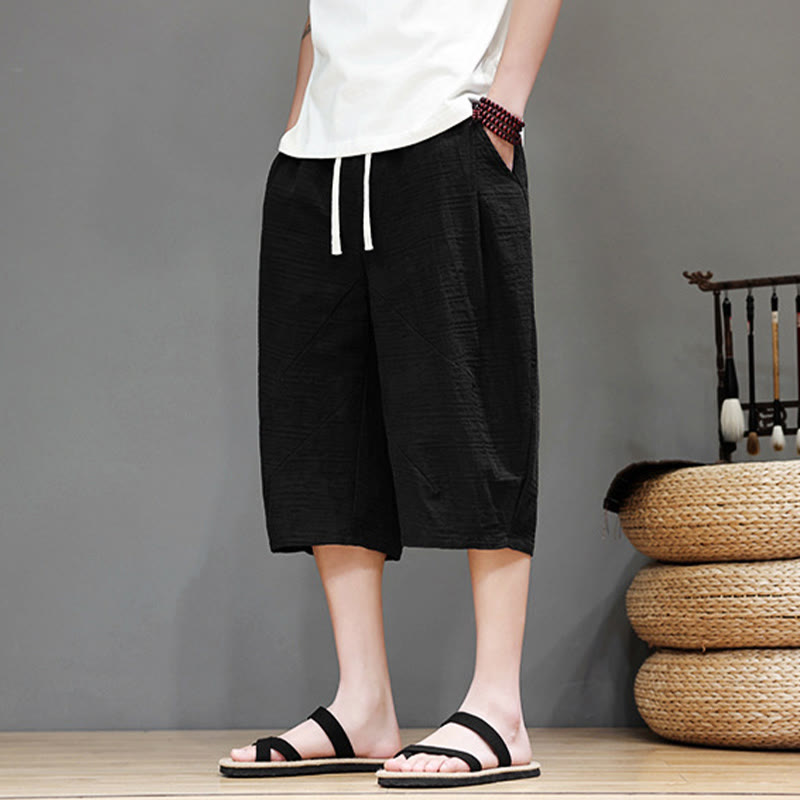 Vintage Jacquard Solid Color Drawstring Cropped Cotton Linen Men's Harem Pants With Pockets