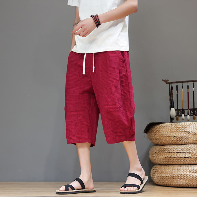 Vintage Jacquard Solid Color Drawstring Cropped Cotton Linen Men's Harem Pants With Pockets