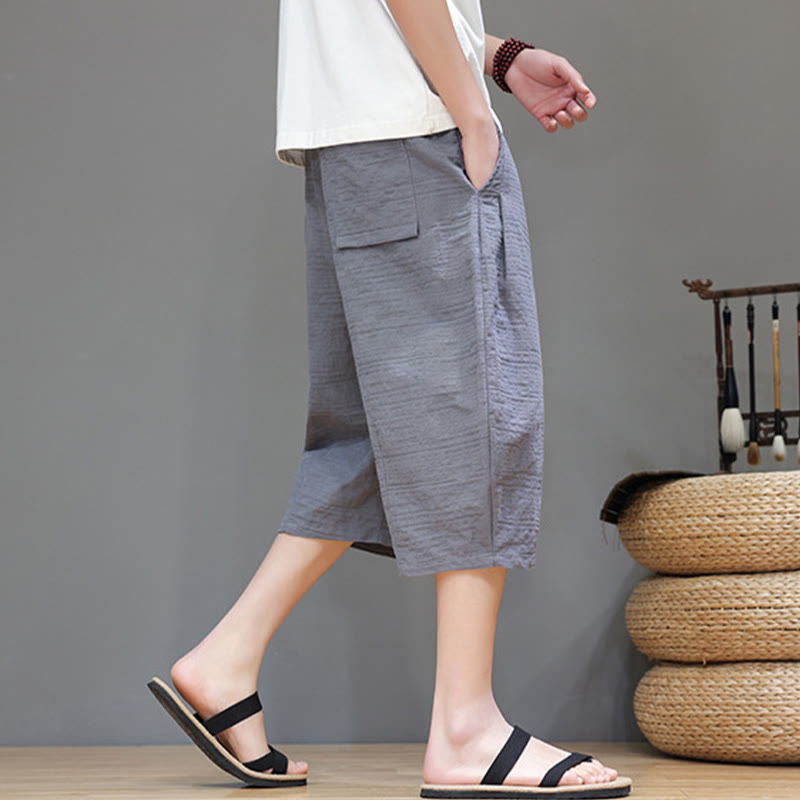 Vintage Jacquard Solid Color Drawstring Cropped Cotton Linen Men's Harem Pants With Pockets