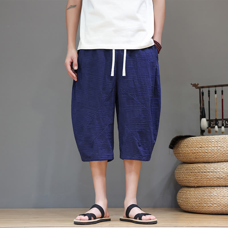 Vintage Jacquard Solid Color Drawstring Cropped Cotton Linen Men's Harem Pants With Pockets
