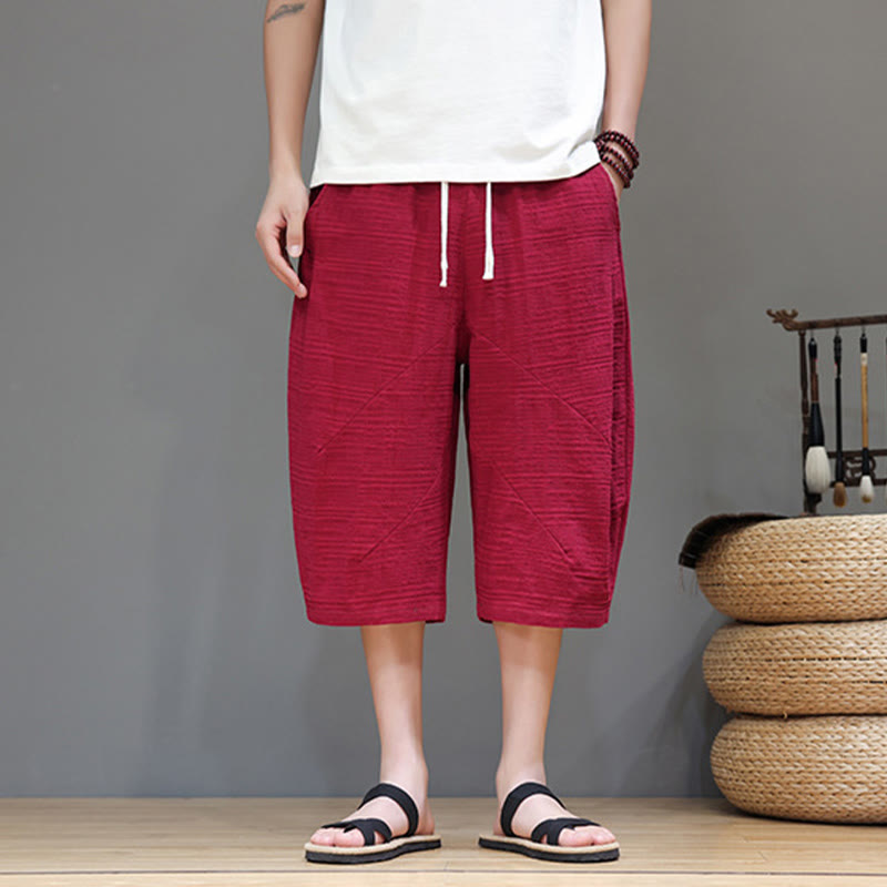 Vintage Jacquard Solid Color Drawstring Cropped Cotton Linen Men's Harem Pants With Pockets